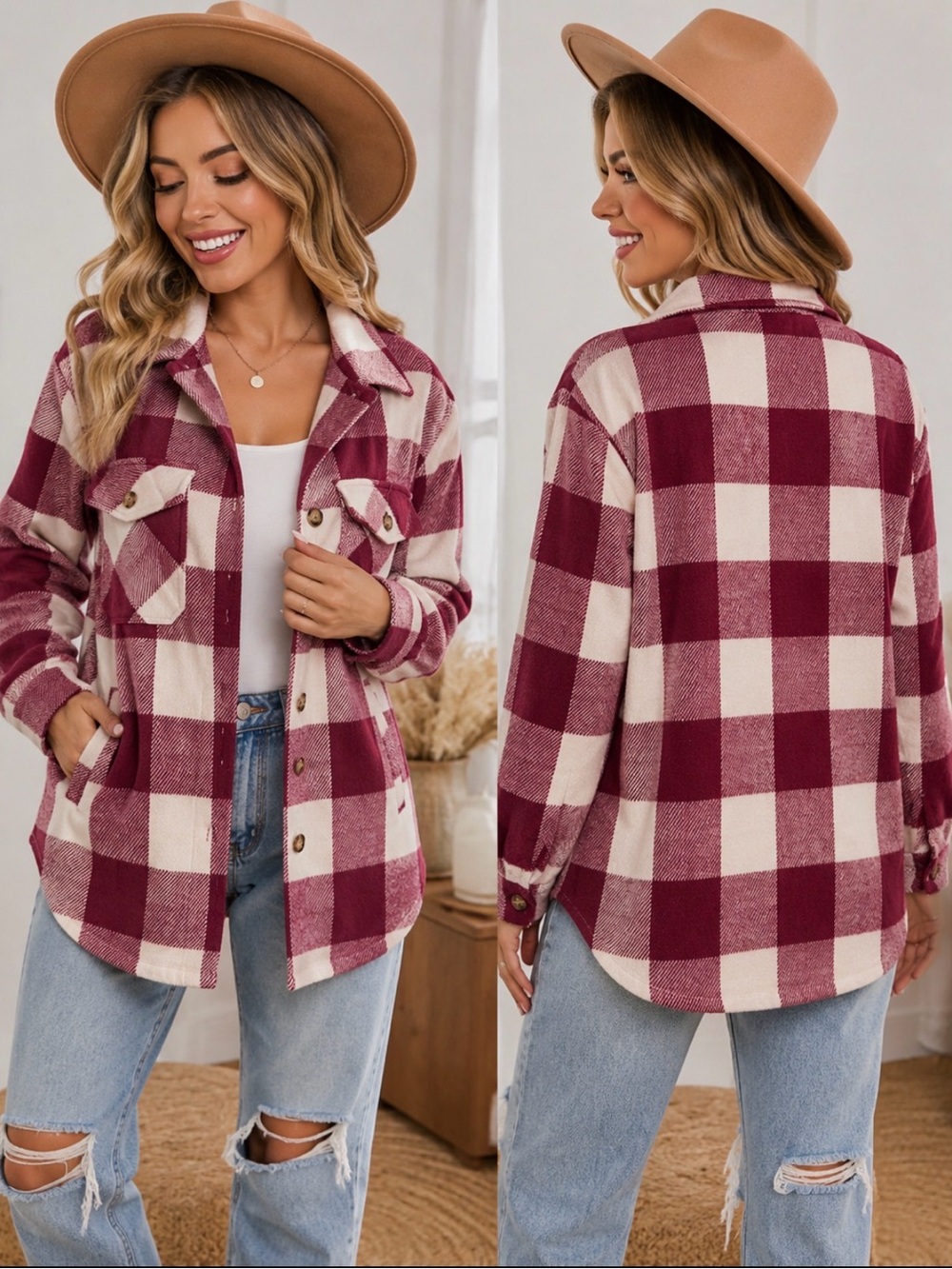 Women’s Plaid Shacket -Small - Burgundy and Cream Oversized Jacket